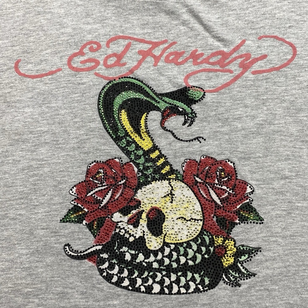 Y2K Ed Hardy Grey Crop Top Women's Sz XL Graphic Double Sided Snake And Skull - Picture 2 of 8